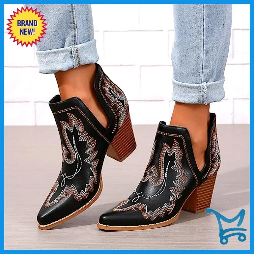 Women's Western Cowboy Booties Embroidered Stitched Pointed Toe Ankle Boots